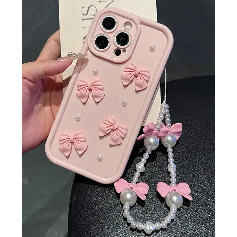 3D Elegant Bowknot Faux Pearl Chain Silicone Phone Case For iPhone 11 12 13 14 15 16 Pro Max 16E XS X XR 7 8 Plus SE Soft Cover