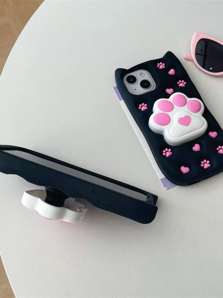 Cartoon Cute 3D Cat Paw Bracket Soft Silicone Case For iPhone 15 14 13 11 12 Pro Max Back Cover With Stand Holder