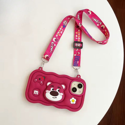 Cartoon Cute Head Holder Phone Case For iphone 16 15 14 Plus 13 12 Pro Max 11 With Lanyard Soft Silicone Cover