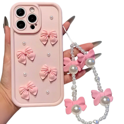3D Elegant Bowknot Faux Pearl Chain Silicone Phone Case For iPhone 11 12 13 14 15 16 Pro Max 16E XS X XR 7 8 Plus SE Soft Cover