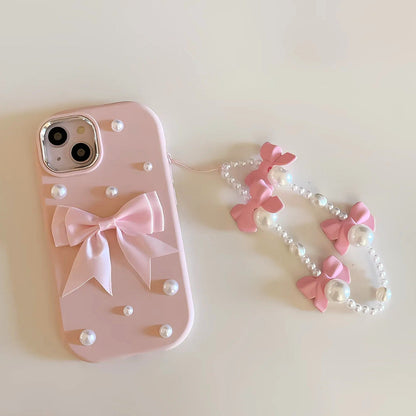 Three-dimensional bowknot Pearl phone case with chain for Apple 15 14 13 12 11 Shockproof TPU phone case