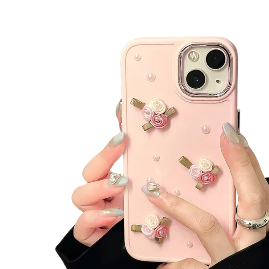 3D Cute Flower Pearl Heart Phone Case for iPhone 16 15 14 13 12 11 Pro Max Plus XS XR Shockproof Drop Protect Back Cover Luxury