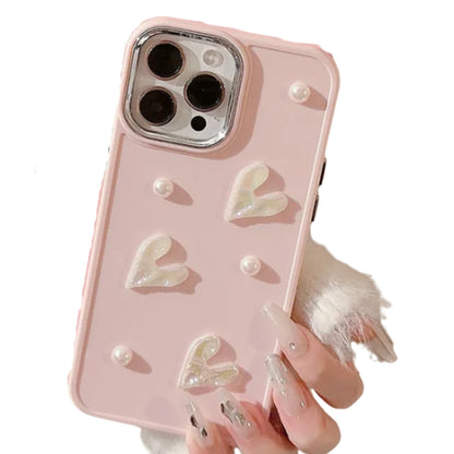3D Cute Flower Pearl Heart Phone Case for iPhone 16 15 14 13 12 11 Pro Max Plus XS XR Shockproof Drop Protect Back Cover Luxury