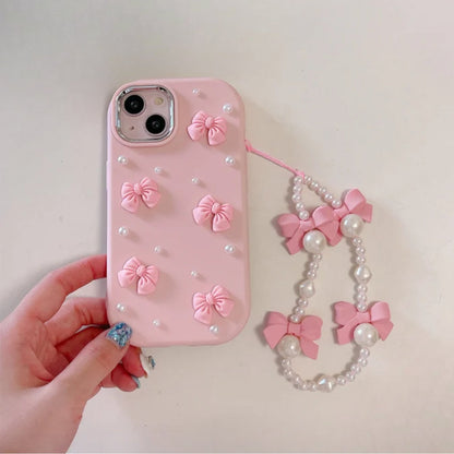 Cartoon Stereoscopic Bowknot Pearl Phone Case For iPhone 15 14 13 12 11 Pro Max All-inclusive Cute TPU Phone Case With Chain