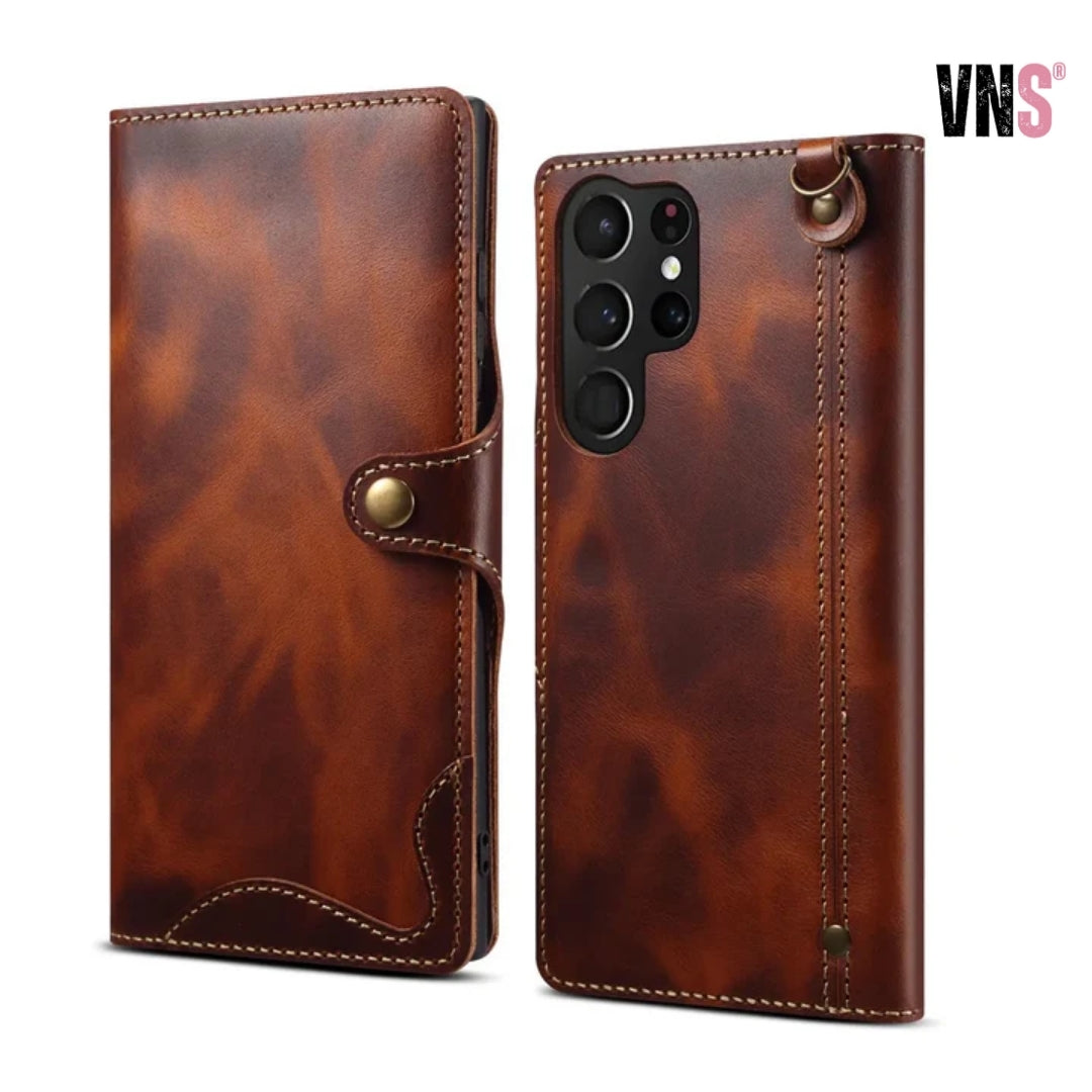 100% Real Cowhide Leather Case For Samsung Galaxy S25 Ultra S24 FE S23 S22 S21 Plus Note 9 10 20 Vintage Card Bag Wallet Cover