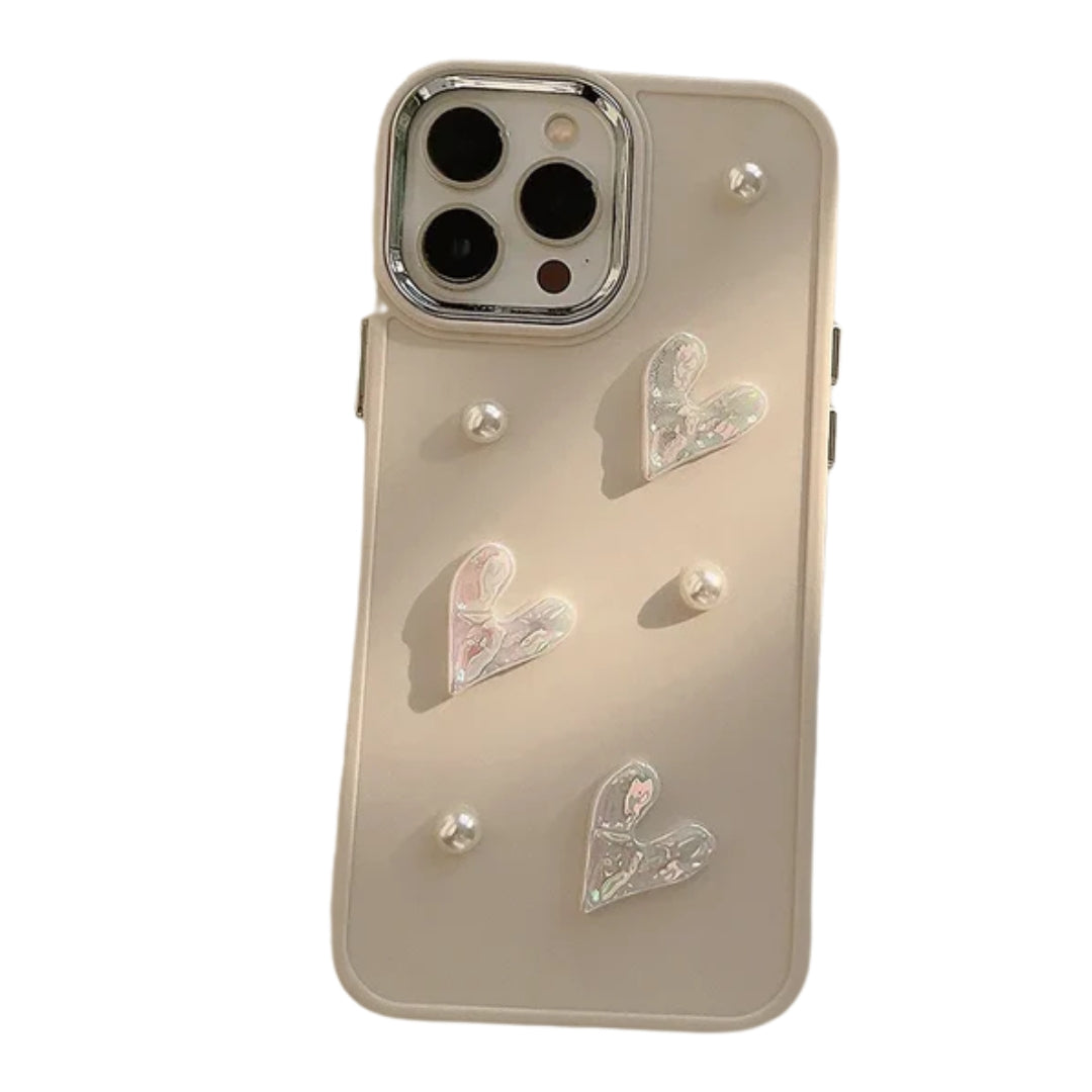 3D Cute Flower Pearl Heart Phone Case for iPhone 16 15 14 13 12 11 Pro Max Plus XS XR Shockproof Drop Protect Back Cover Luxury