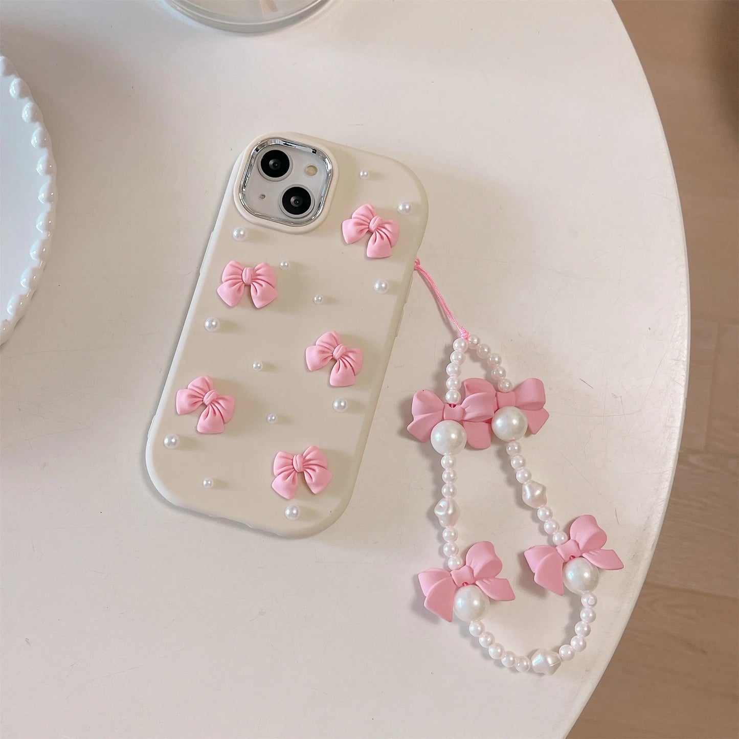 Cartoon Stereoscopic Bowknot Pearl Phone Case For iPhone 15 14 13 12 11 Pro Max All-inclusive Cute TPU Phone Case With Chain