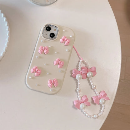 Cartoon Stereoscopic Bowknot Pearl Phone Case For iPhone 15 14 13 12 11 Pro Max All-inclusive Cute TPU Phone Case With Chain