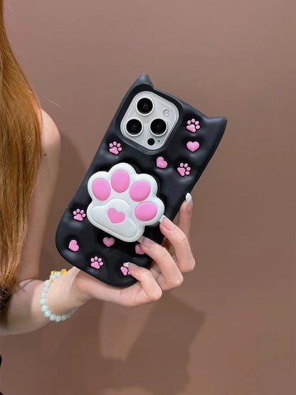 Cartoon Cute 3D Cat Paw Bracket Soft Silicone Case For iPhone 15 14 13 11 12 Pro Max Back Cover With Stand Holder