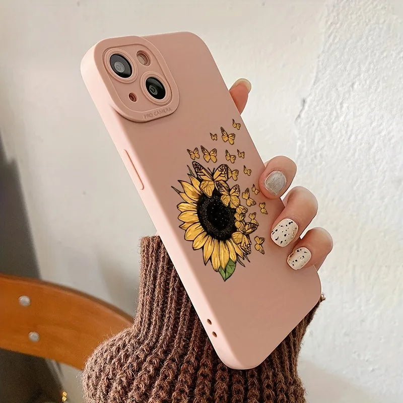 Butterfly Flowers Sunflower Square Silicone Case for IPhone 11 12 13 14 15 Pro Max XR XPlus SE 2020 Shockproof Matte Soft Cover