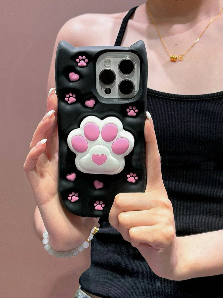 Cartoon Cute 3D Cat Paw Bracket Soft Silicone Case For iPhone 15 14 13 11 12 Pro Max Back Cover With Stand Holder