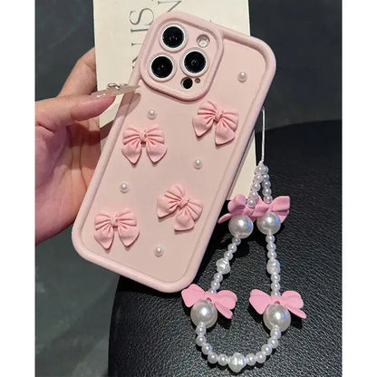 3D Elegant Bowknot Faux Pearl Chain Silicone Phone Case For iPhone 11 12 13 14 15 16 Pro Max 16E XS X XR 7 8 Plus SE Soft Cover