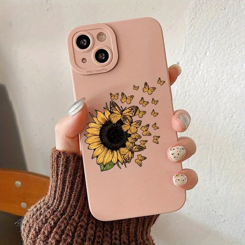 Butterfly Flowers Sunflower Square Silicone Case for IPhone 11 12 13 14 15 Pro Max XR XPlus SE 2020 Shockproof Matte Soft Cover