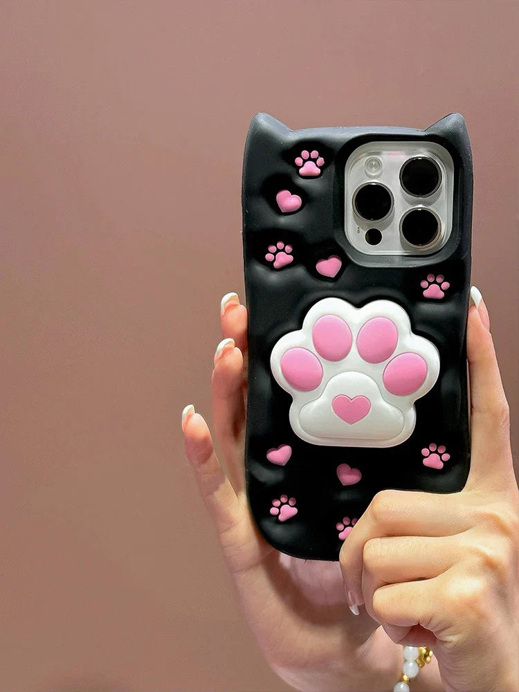 Cartoon Cute 3D Cat Paw Bracket Soft Silicone Case For iPhone 15 14 13 11 12 Pro Max Back Cover With Stand Holder