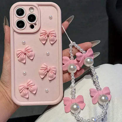 3D Elegant Bowknot Faux Pearl Chain Silicone Phone Case For iPhone 11 12 13 14 15 16 Pro Max 16E XS X XR 7 8 Plus SE Soft Cover