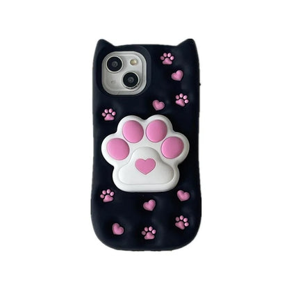 Cartoon Cute 3D Cat Paw Bracket Soft Silicone Case For iPhone 15 14 13 11 12 Pro Max Back Cover With Stand Holder