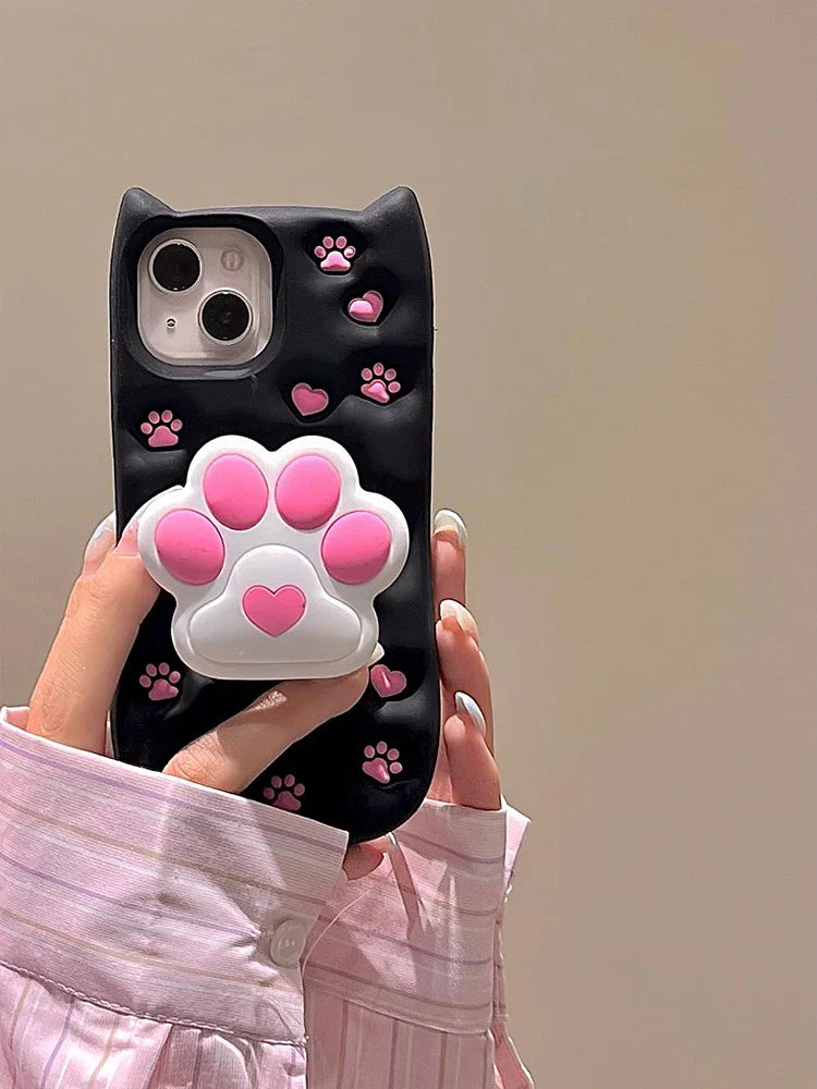 Cartoon Cute 3D Cat Paw Bracket Soft Silicone Case For iPhone 15 14 13 11 12 Pro Max Back Cover With Stand Holder