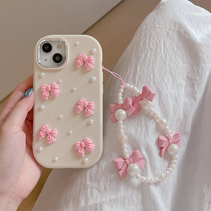Cartoon Stereoscopic Bowknot Pearl Phone Case For iPhone 15 14 13 12 11 Pro Max All-inclusive Cute TPU Phone Case With Chain
