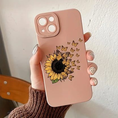 Butterfly Flowers Sunflower Square Silicone Case for IPhone 11 12 13 14 15 Pro Max XR XPlus SE 2020 Shockproof Matte Soft Cover