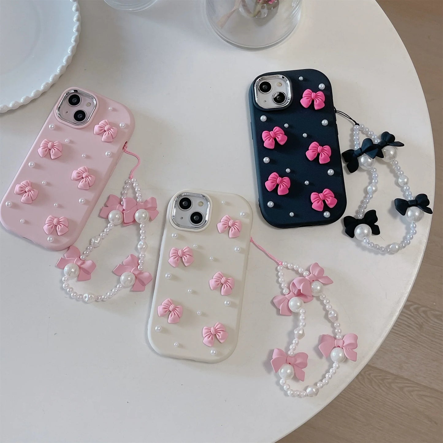 Cartoon Stereoscopic Bowknot Pearl Phone Case For iPhone 15 14 13 12 11 Pro Max All-inclusive Cute TPU Phone Case With Chain