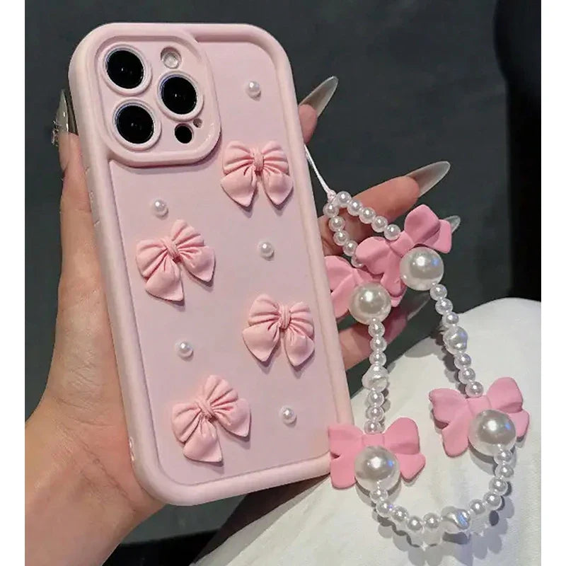 3D Elegant Bowknot Faux Pearl Chain Silicone Phone Case For iPhone 11 12 13 14 15 16 Pro Max 16E XS X XR 7 8 Plus SE Soft Cover