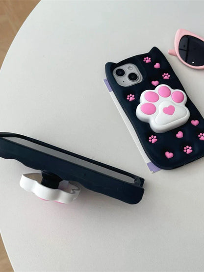 Cartoon Cute 3D Cat Paw Bracket Soft Silicone Case For iPhone 15 14 13 11 12 Pro Max Back Cover With Stand Holder