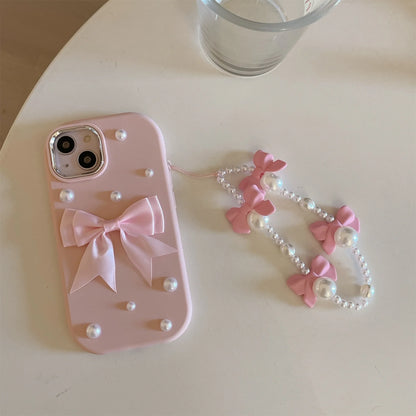 Three-dimensional bowknot Pearl phone case with chain for Apple 15 14 13 12 11 Shockproof TPU phone case