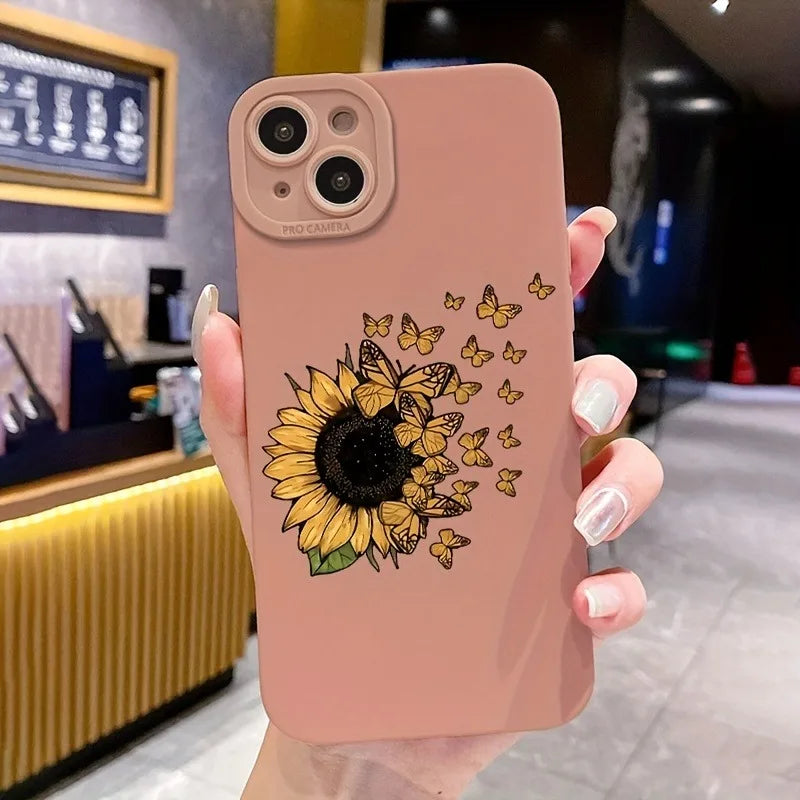 Butterfly Flowers Sunflower Square Silicone Case for IPhone 11 12 13 14 15 Pro Max XR XPlus SE 2020 Shockproof Matte Soft Cover