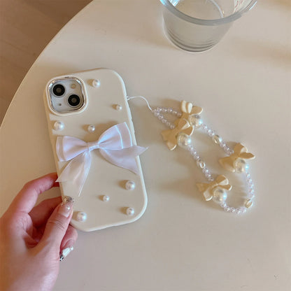 Three-dimensional bowknot Pearl phone case with chain for Apple 15 14 13 12 11 Shockproof TPU phone case