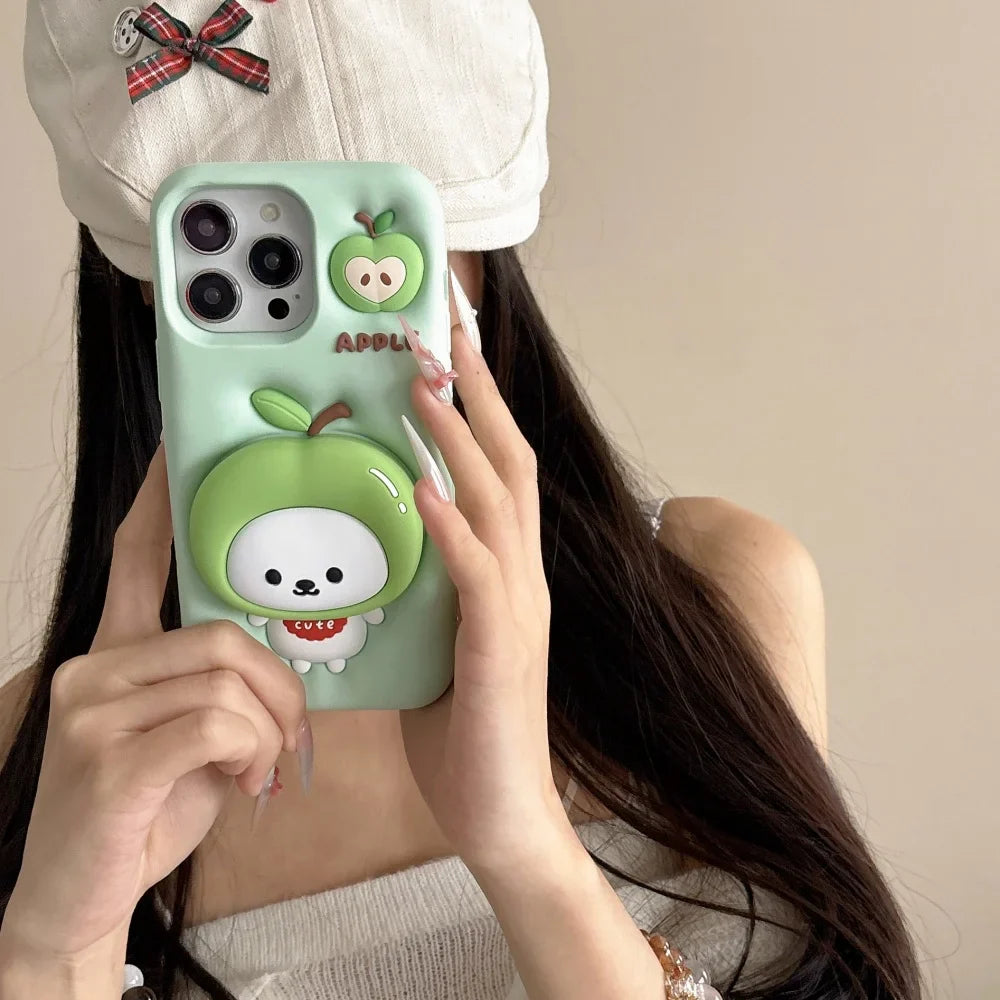 Cute  Apple  holder Stand Phone Case for IPhone16e 16 15 14 13Pro Max Plus Shockproof Silicone Soft Anti-drop luxury Back Cover