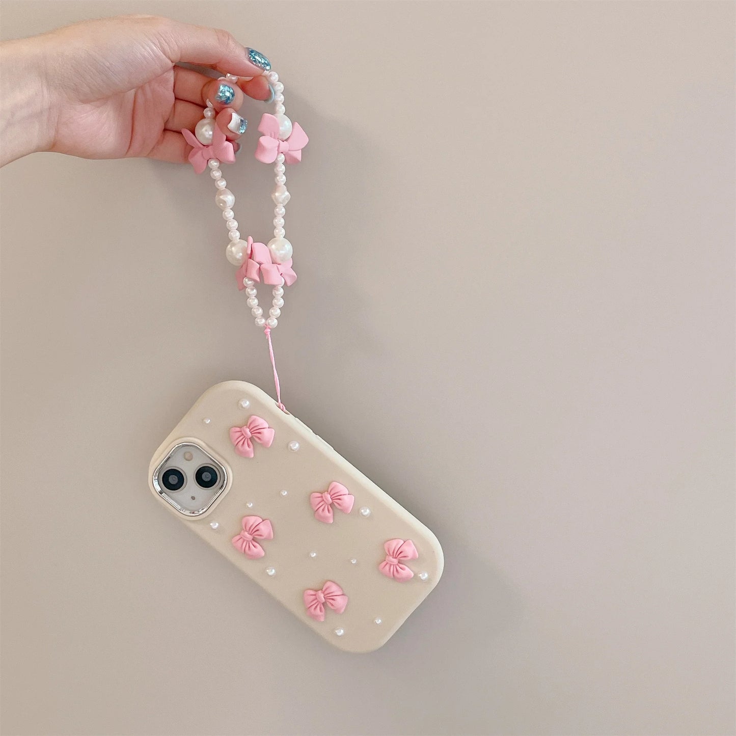 Cartoon Stereoscopic Bowknot Pearl Phone Case For iPhone 15 14 13 12 11 Pro Max All-inclusive Cute TPU Phone Case With Chain