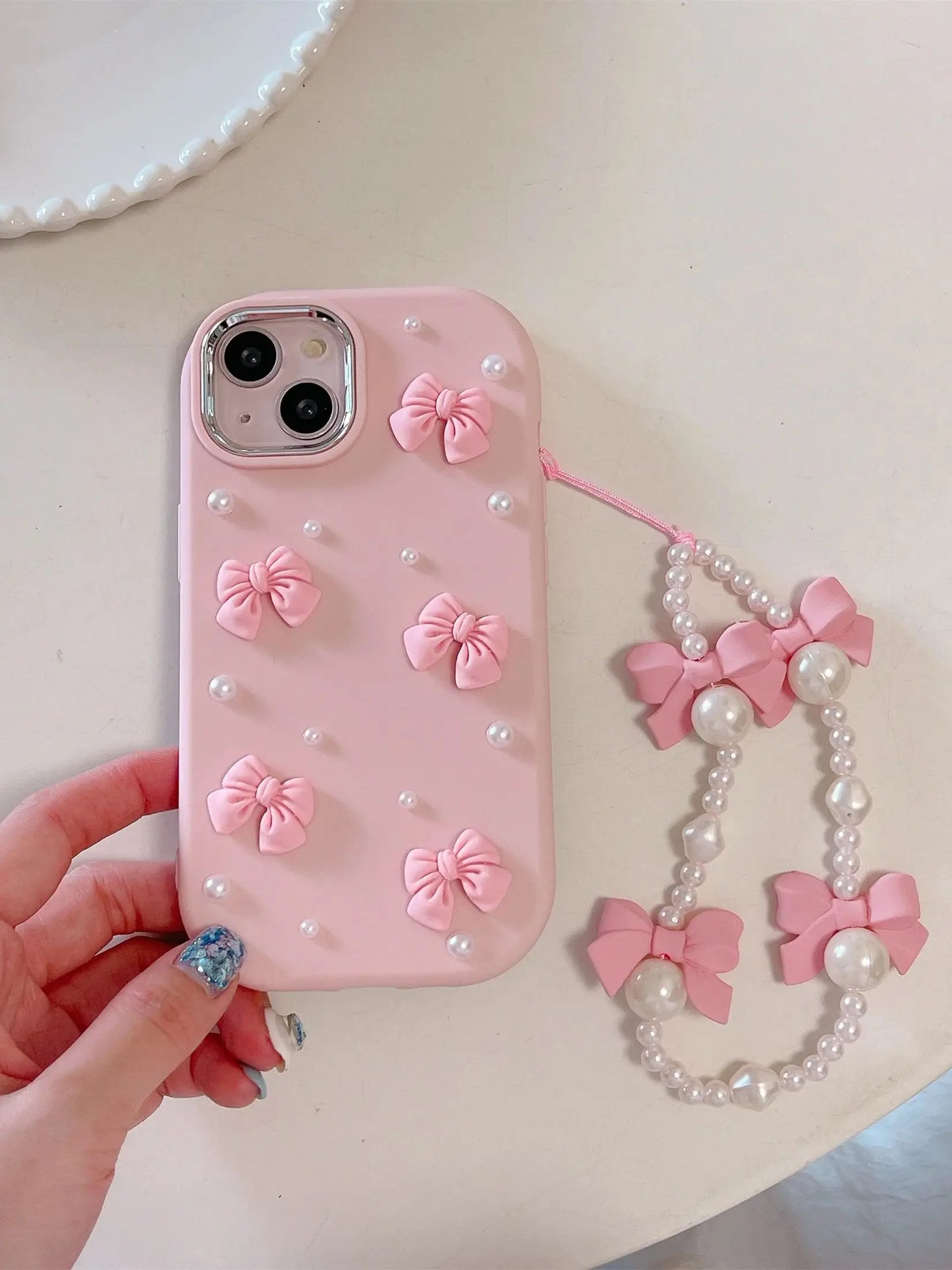 Cartoon Stereoscopic Bowknot Pearl Phone Case For iPhone 15 14 13 12 11 Pro Max All-inclusive Cute TPU Phone Case With Chain