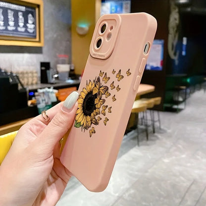 Butterfly Flowers Sunflower Square Silicone Case for IPhone 11 12 13 14 15 Pro Max XR XPlus SE 2020 Shockproof Matte Soft Cover