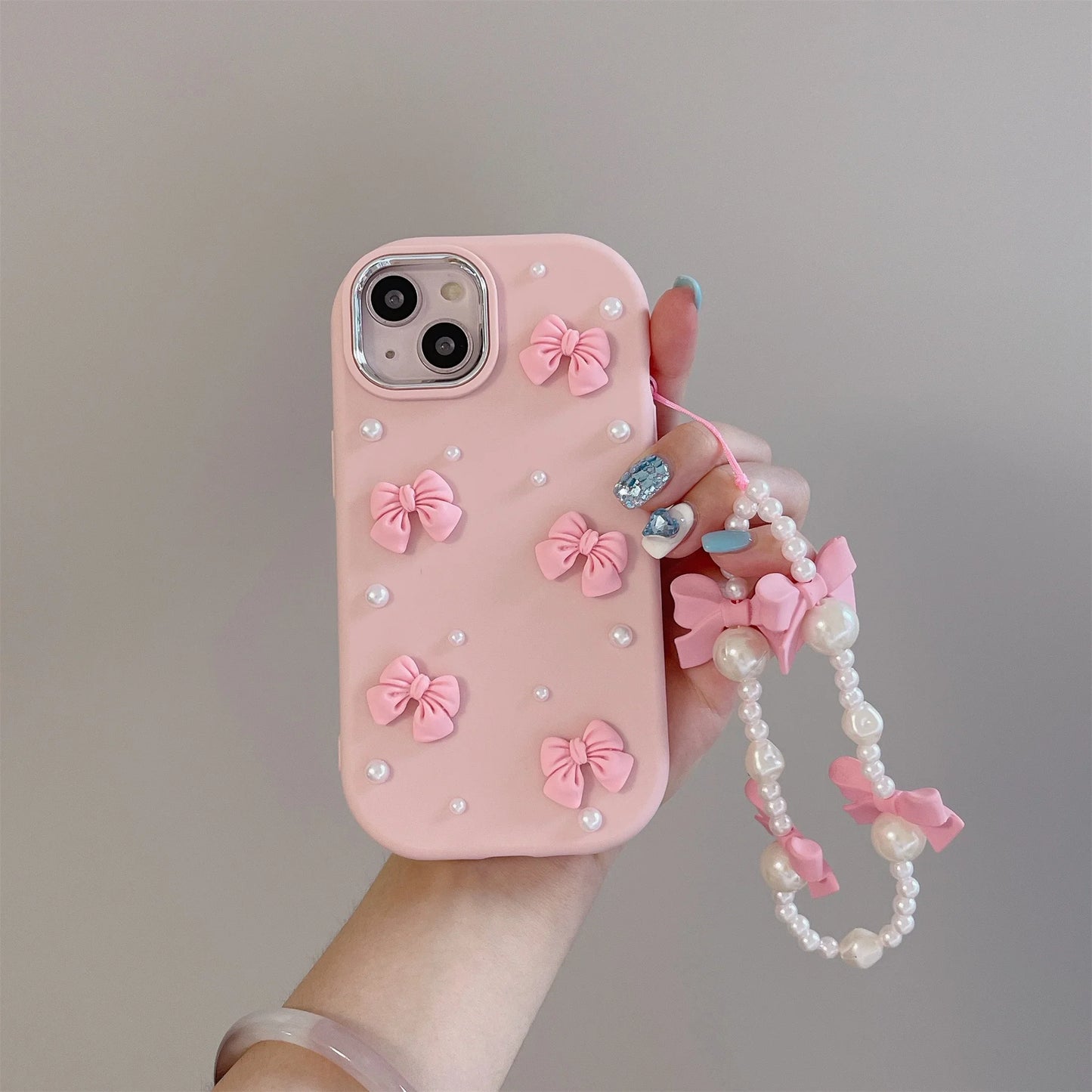 Cartoon Stereoscopic Bowknot Pearl Phone Case For iPhone 15 14 13 12 11 Pro Max All-inclusive Cute TPU Phone Case With Chain