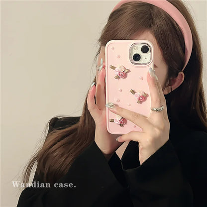 3D Cute Flower Pearl Heart Phone Case for iPhone 16 15 14 13 12 11 Pro Max Plus XS XR Shockproof Drop Protect Back Cover Luxury