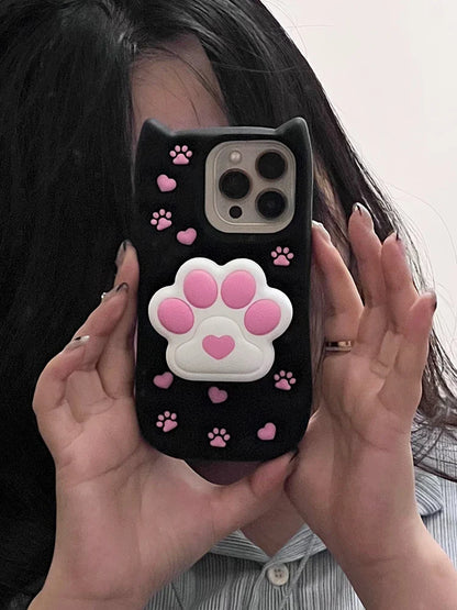 Cartoon Cute 3D Cat Paw Bracket Soft Silicone Case For iPhone 15 14 13 11 12 Pro Max Back Cover With Stand Holder