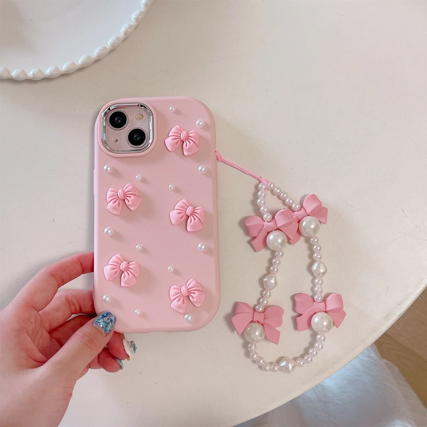 Cartoon Stereoscopic Bowknot Pearl Phone Case For iPhone 15 14 13 12 11 Pro Max All-inclusive Cute TPU Phone Case With Chain