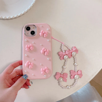 Cartoon Stereoscopic Bowknot Pearl Phone Case For iPhone 15 14 13 12 11 Pro Max All-inclusive Cute TPU Phone Case With Chain