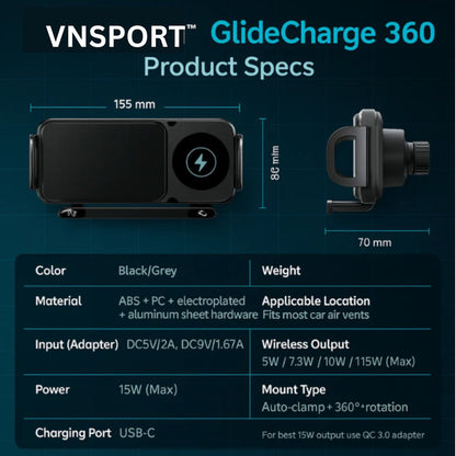 VNSPORT 360° Rotating 15W Wireless Car Fast Charger Mount